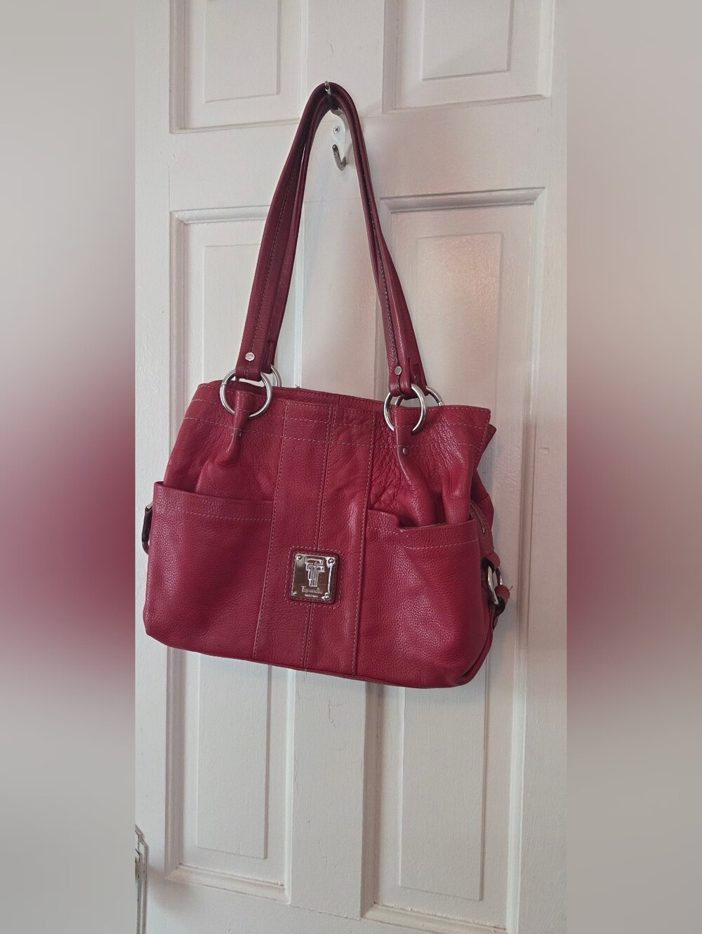 Tignanello Women's Red Pebbled Shoulder Bag Zip Top Silver Hardware Pockets
